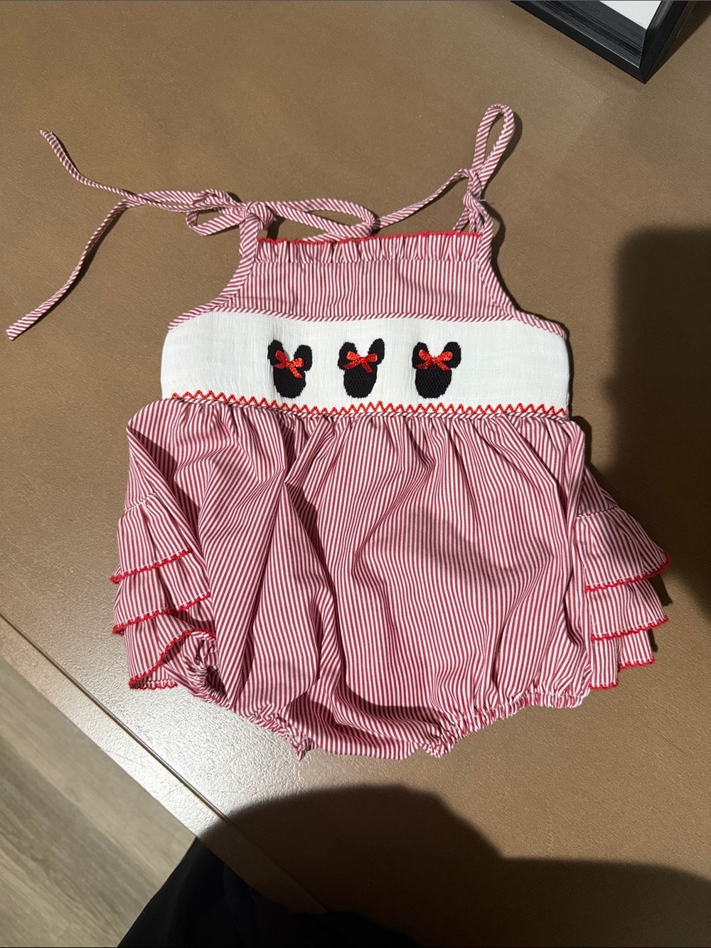 Stitchy Fish Red Striped Baby Romper with Minnie Mouse and Bow Accents
